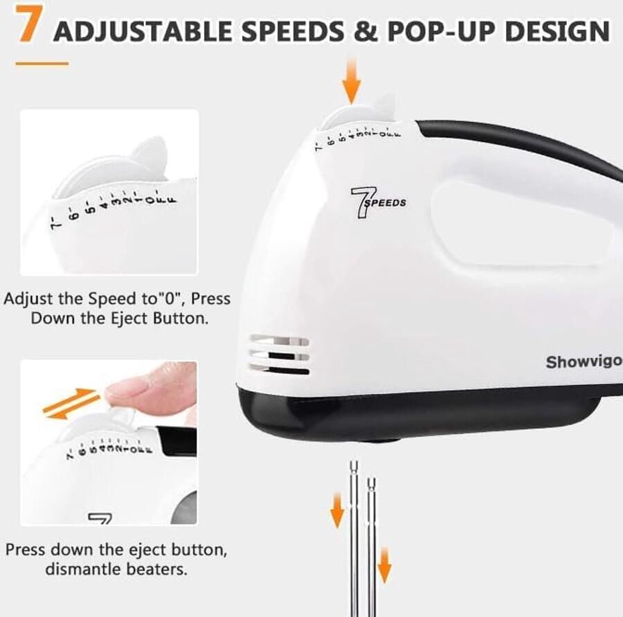 Handmixer met 7 standen inclusief 2 gardes en 2 roestvrijstalen kneedhaken - Foto 3
