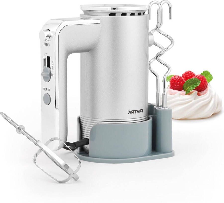 Handmixer met opbergbasis 5 snelheden Deeghaken Kloppers Turbofunctie Uitwerpfunctie Garde Kneden 300W Zilver