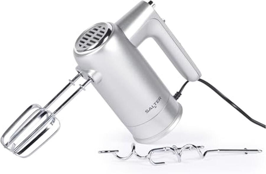 Handmixer met Opbergbasis Elektrische Mixer Bakken en Mixen Inclusief Gardes en Deeghaken 300 Watt Vermogen Zilverkleurig