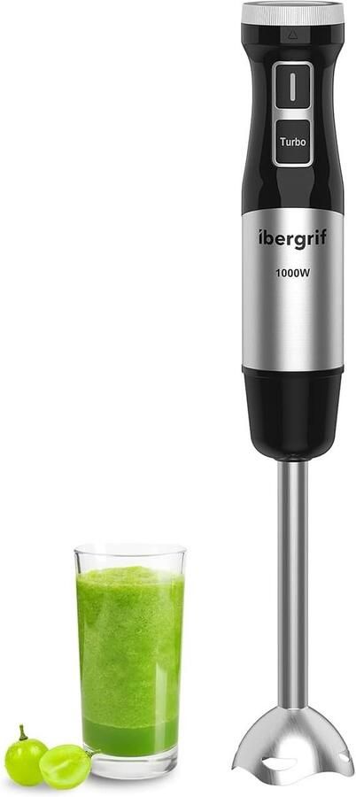 Handmixer Roestvrij Staal 1000 W Met Traploze Snelheidsregeling en Turbo-Knop Voor Soepen Smoothies en Sauzen