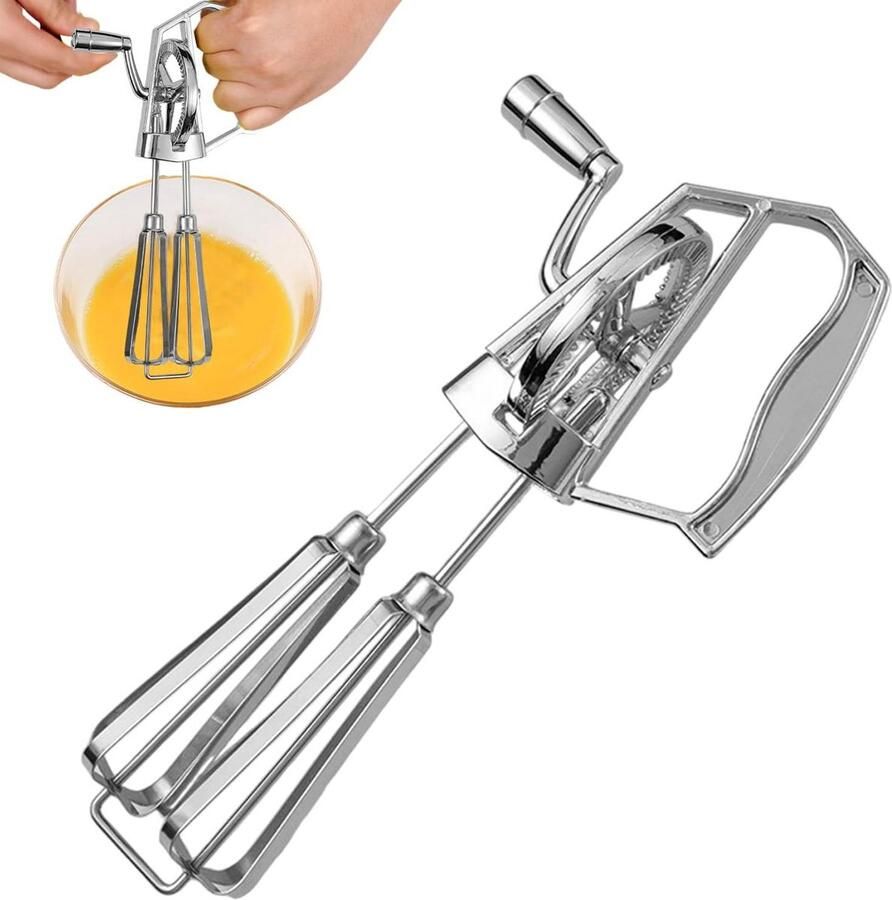 Deze handmixer heeft een roestvrijstalen slinger en twee mengkoppen. Hij werkt zonder elektriciteit en is Geschikt voor het kneden van deeg het kloppen van slagroom het opkloppen van eiwitten enz. Ideaal Geschikt voor kamperen