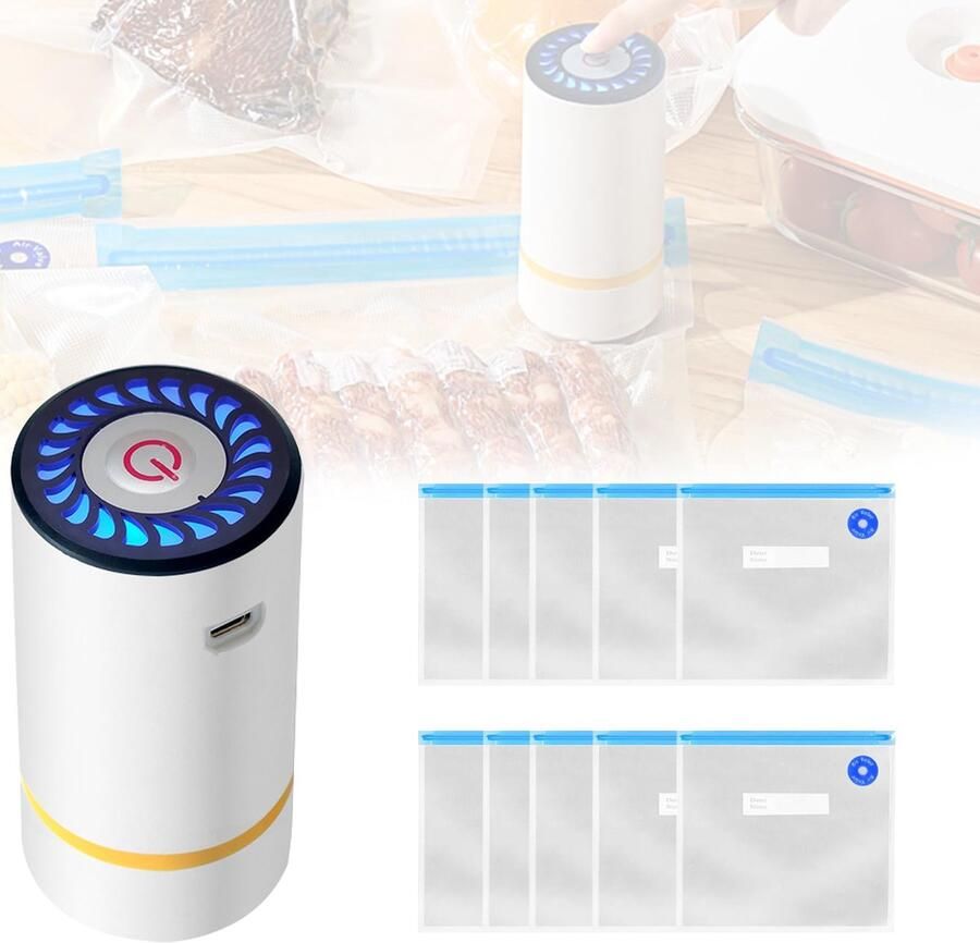 Handzame vacuümsealer met 10 herbruikbare vacuümzakken – compacte draagbare vacuümsealer voor keuken en huishouden (wit)