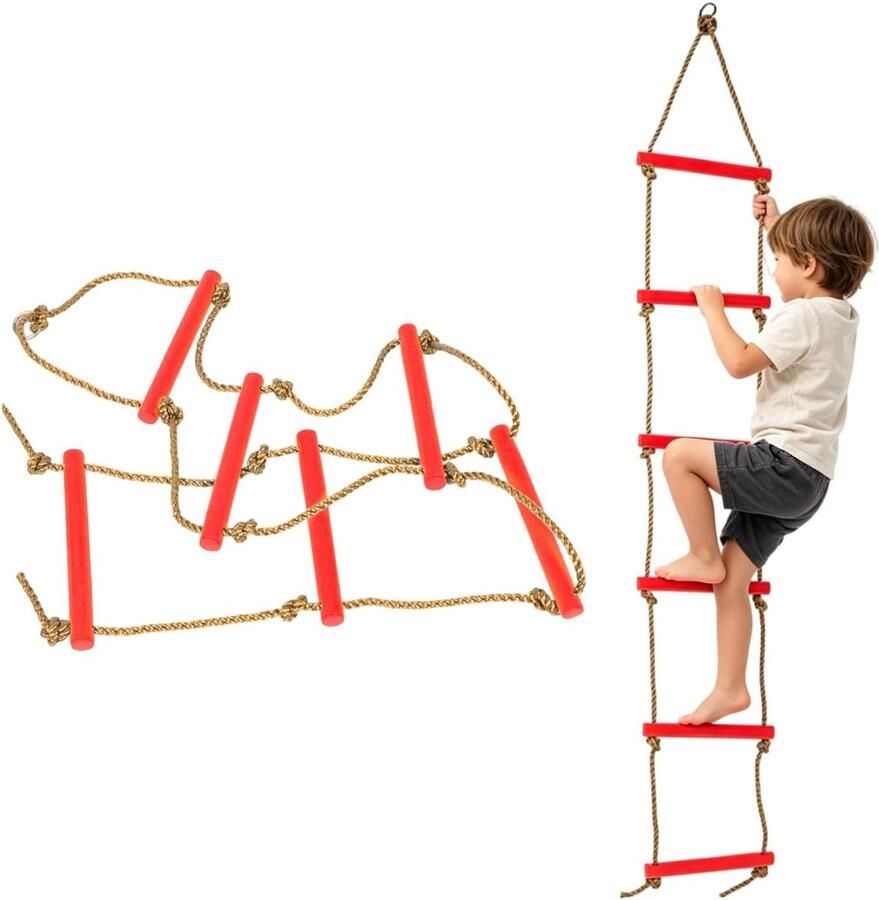 Hangende klimladder indoor klimtouw met zes secties boomhuisaccessoires outdoor speeluitrusting voor thuis en buiten rood