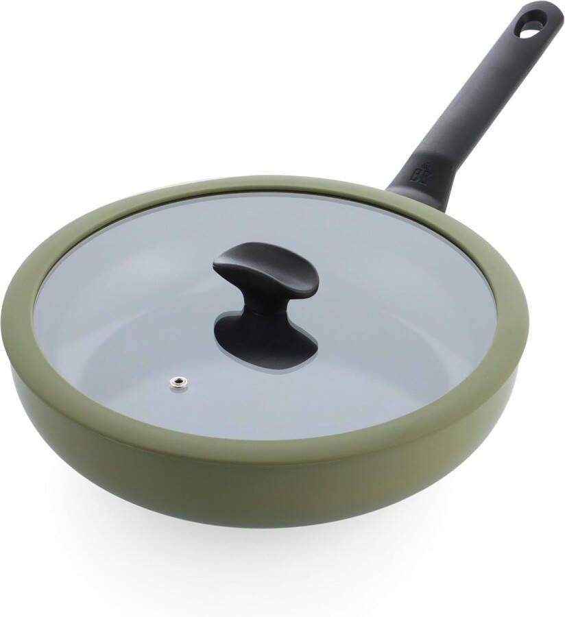 Hapjespan met antiaanbaklaag 28 cm PFAS-vrij inductie ovenvast vaatwasmachinebestendig koelblijvende handgrepen olijfgroen