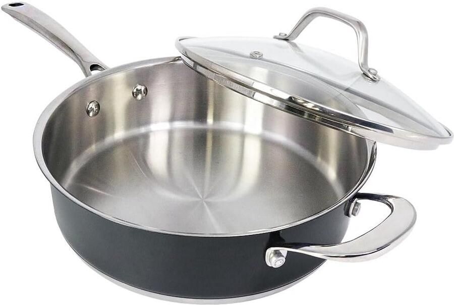 Hapjespan met Deksel Diepe Koekenpan Gezond Koken Nikkelvrij Roestvrij Staal 24 cm 236 Liter Marine Grijs