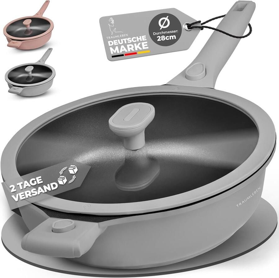 Hapjespan met Deksel Koekenpan Bakpan Snel Koken Afneembare Handgreep 28 cm Grijs