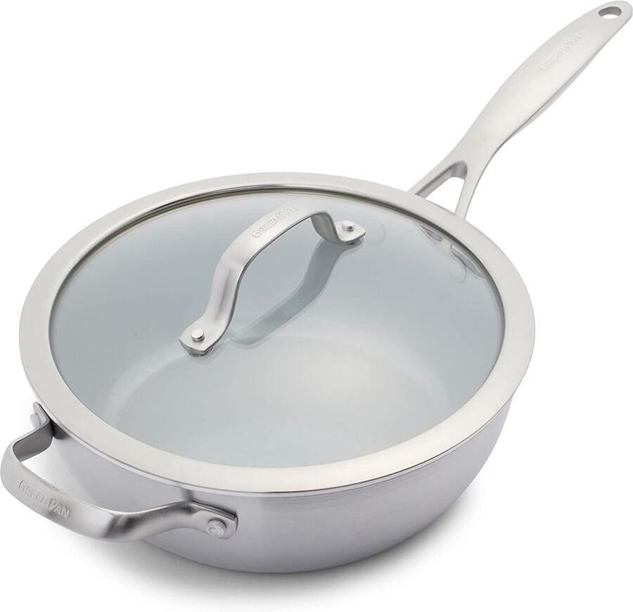 Hapjespan met Deksel Koekenpan Chefspannen Veelzijdig Koken Keramische Antiaanbaklaag 24cm 3.4 Liter Zilver