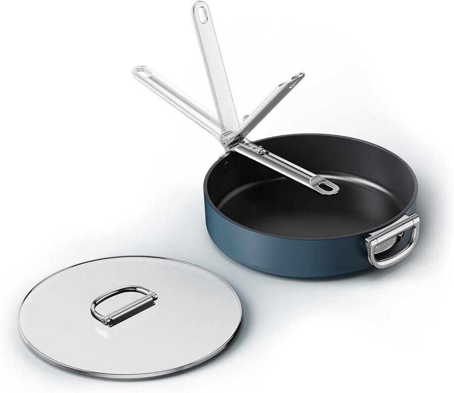 Hapjespan met Deksel Koekenpan Koopjespan Ruimtebesparend Koken Inklapbare Handgreep 28 cm Zwart
