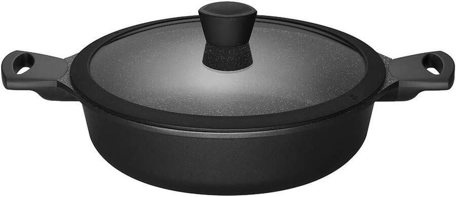 Hapjespan met deksel Sauteerpan koekenpan Stoofgerechten maken Hoge rechte wanden 28 cm diameter Zwart
