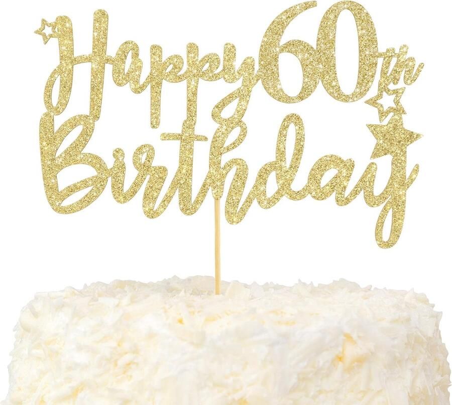 Happy 60e Verjaardag Taart Topper Hallo 60 en Fantastisch Taartdecoratie Goud Glitter Proost op 60 Jaar Feestdecoratie