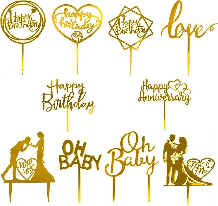 Happy Birthday taartdecoraties cupcake-toppers voor bruiloft babyshower thema (10 stuks)