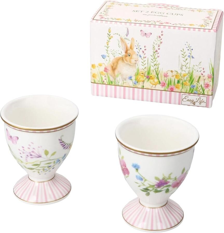 Happy Easter set van 2 eierdopjes voor 2 personen ronde porseleinen eierdopjes met voet en paasdecoratie voor het zachte of harde ontbijt bij brunch en buffet - Foto 2
