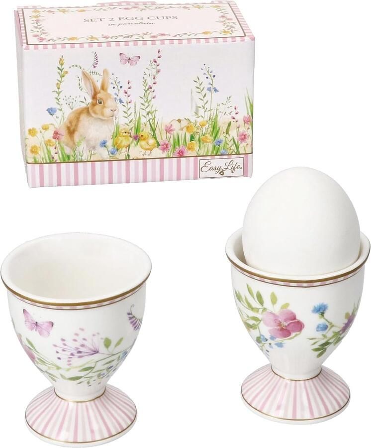 Happy Easter set van 2 eierdopjes voor 2 personen ronde porseleinen eierdopjes met voet en paasdecoratie voor het zachte of harde ontbijt bij brunch en buffet