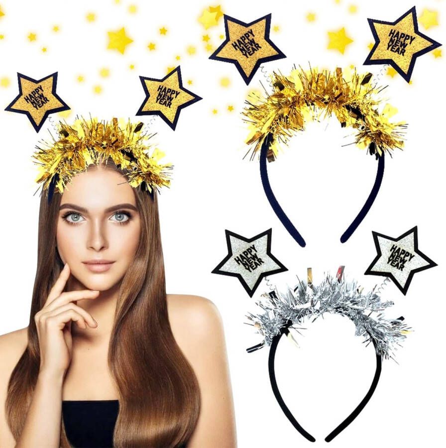 Happy New Year 2 Pieces Headband 2023 Headdress Hair Band New Year's Eve Party Hair Band with Feathers and Stars Silver Rhinestone Glittering New Year's Eve Party Hair Accessories (C)