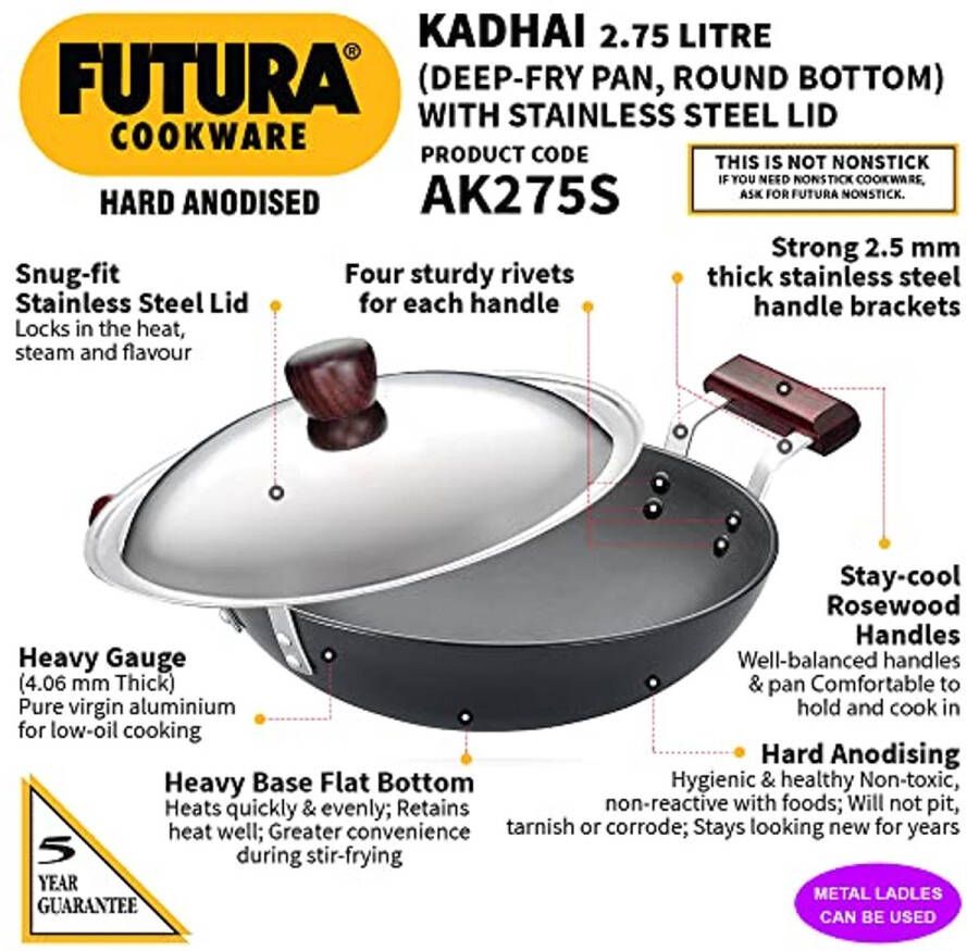 Harde Geanodiseerde Deep-Fry Pan met RVS Deksel 2 75 liter