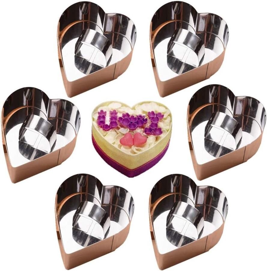 Hartvormige Ringen voor Desserts Set van 6 Mini Cake- en Moussevormen met Duwsteker voor Perfecte Presentatie