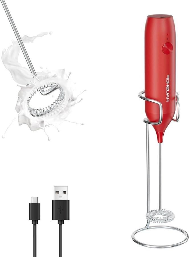 HAUSHOF Krachtige oplaadbare melkopschuimer met standaard draagbare elektrische koffieklopper voor rijk schuim koffiemixer met afneembare roestvrijstalen garde voor koffie latte cappuccino matcha