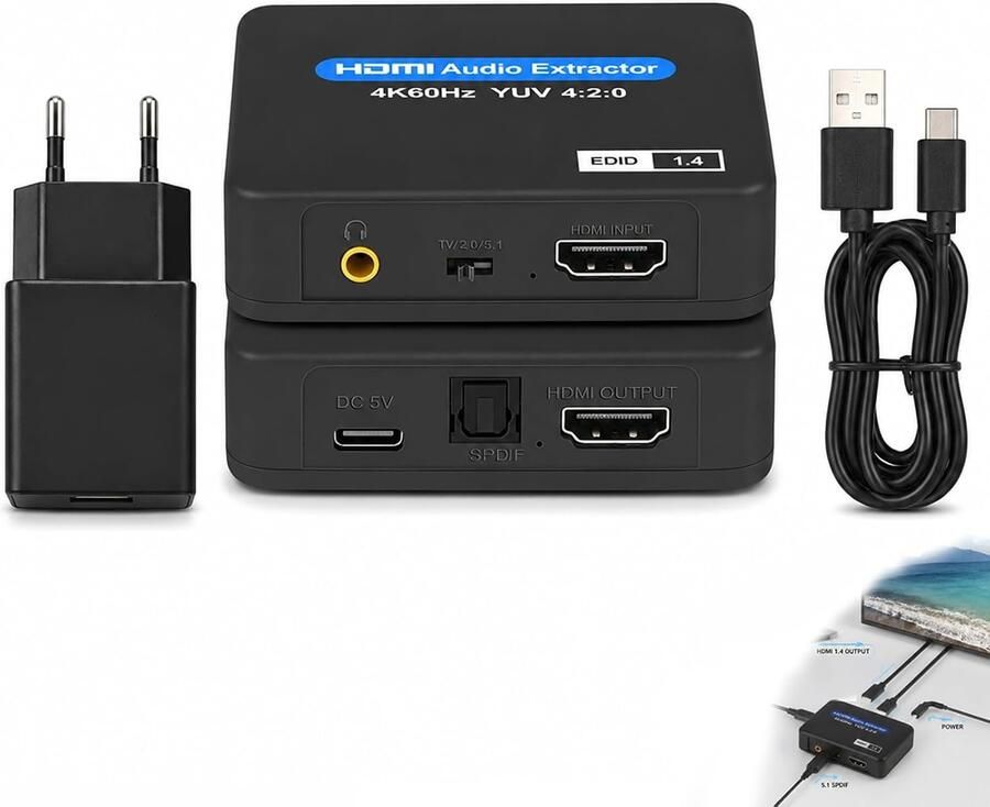 HDMI Audio Extractor HDMI Audio Converter 4K 60Hz SPDIF Toslink 3 5 mm Jack Video Converter Met EDID 2.0 5.1 Splitter Adapter Compatibel met TV Stick Console PC Projector