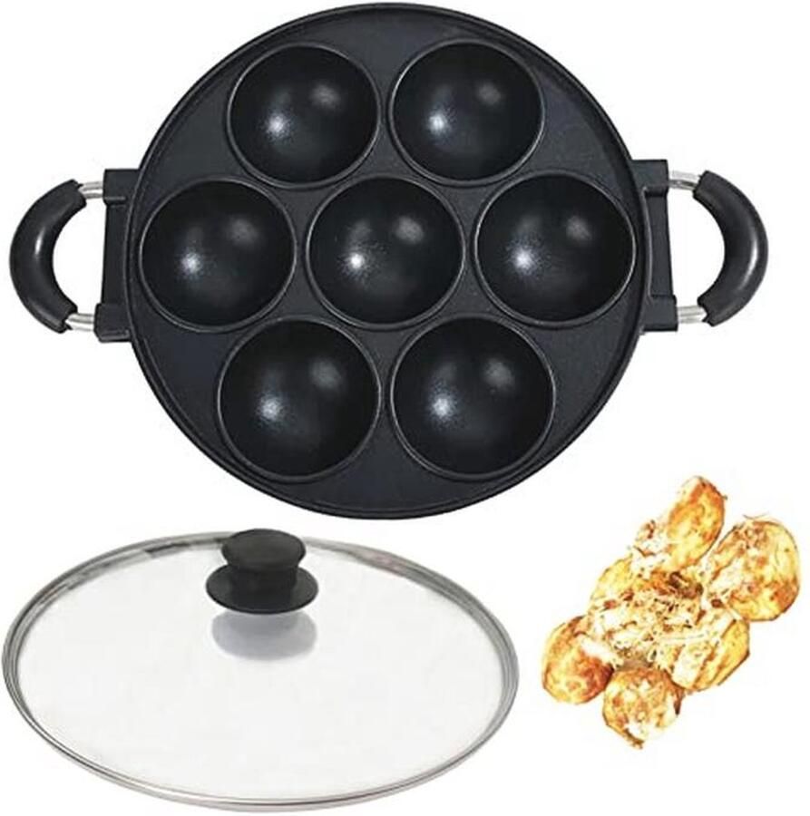 Heaunzy Japan Large Diaphragm Takoyaki Pan with Glass Lid Multi-Purpose Baking Mould for Egg Poffers Appam Banh Khot Cupcakes Non-Stick Takoyaki Maker 0.95 kg (7 Holes)