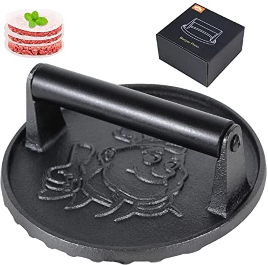 Heavy Duty Smash Burger Press met Hitte Isolatie Handgreep 7 Inch Gietijzeren Hamburger Druk voor Bakplaat