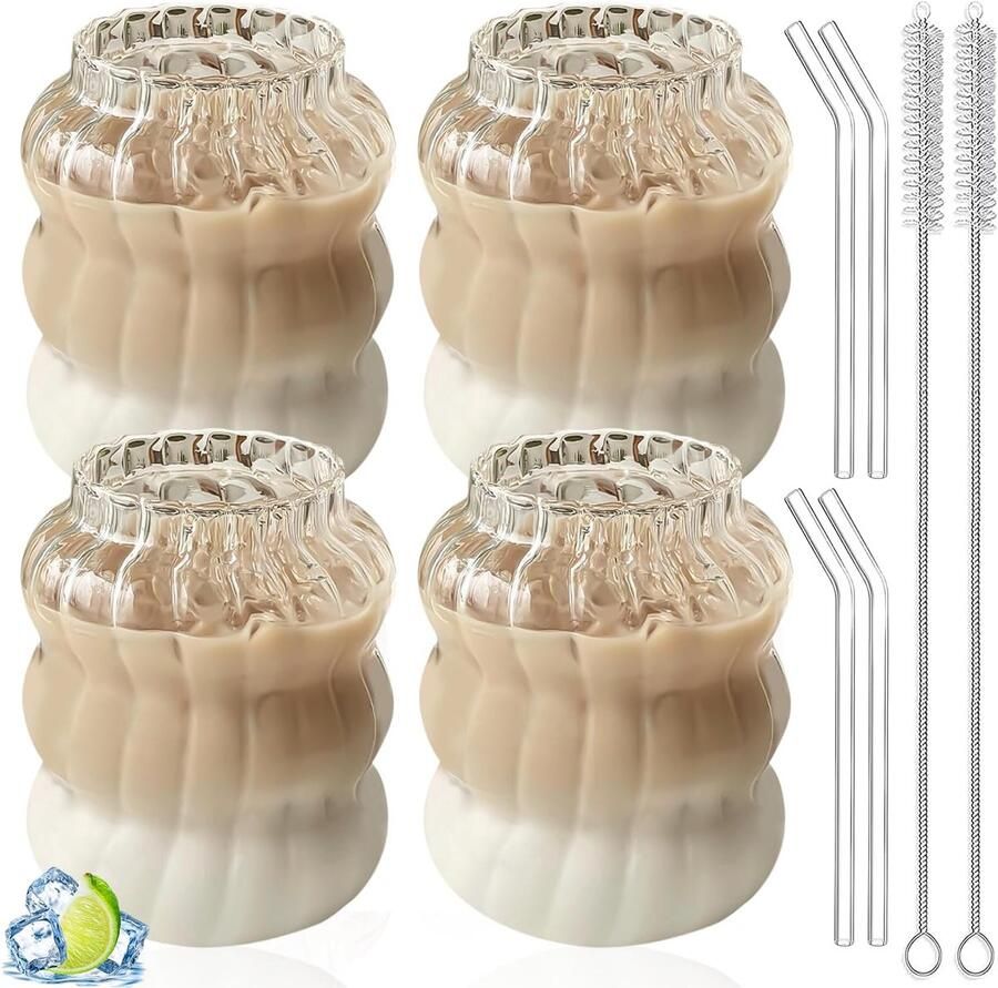 Heldere Glazen Kopjes Ijs Set van 4 Koffie Glazen Kopjes met 4 Rietjes + 2 Rietjesborstels Geribbelde Drinkglazen Dessertglazen Theeglas Geribbelde Koffie Mok voor Thee Melk