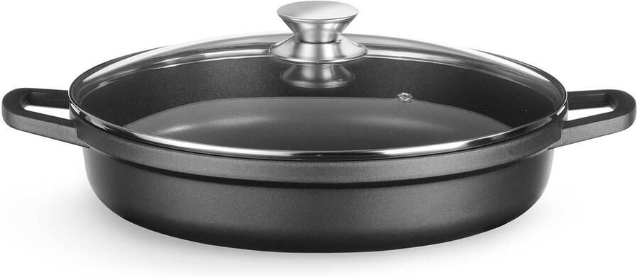 HENDI Braadpan met deksel geschikt voor alle warmtebronnen inductiebodem ovenbestendig anti-aanbaklaag kookpan serveerpan 4 3L 425x332x(H)70mm gegoten aluminium glas zwart
