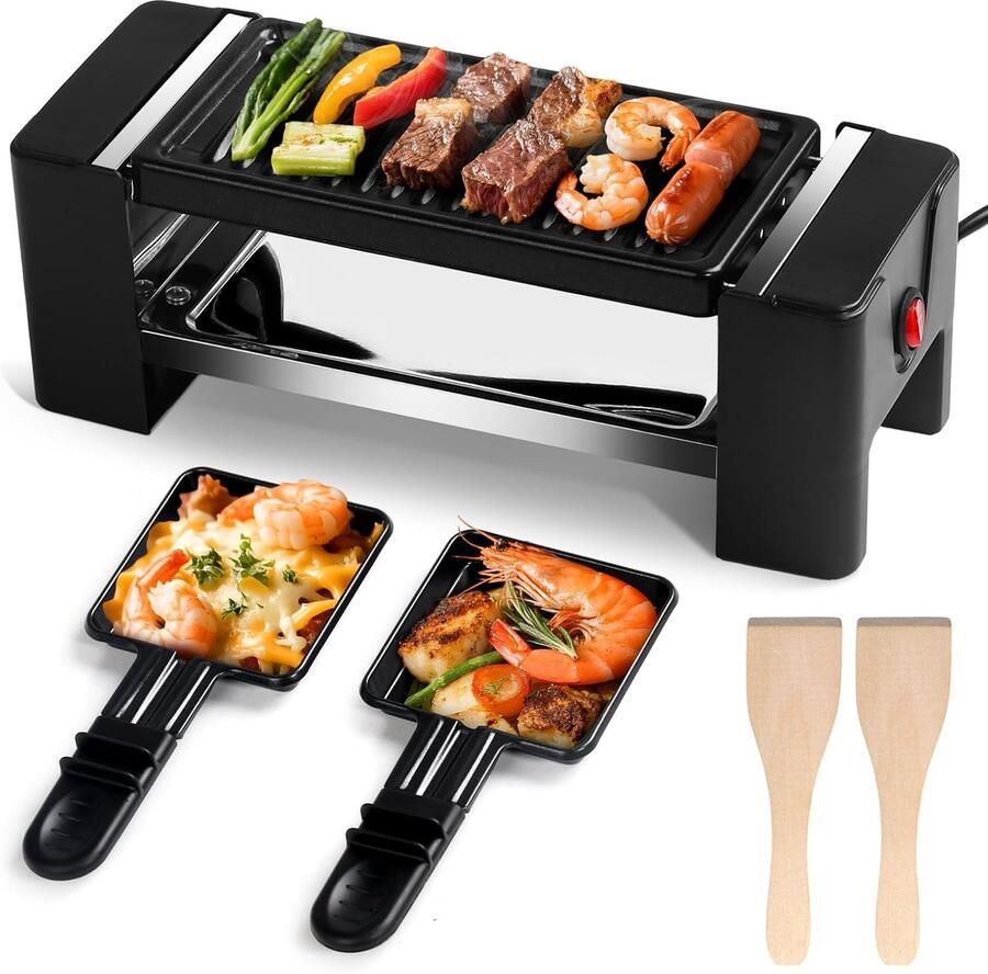 HengBO Raclette 2 People 350 W Raclette Grill Non-Stick Coating Grill Pan with 2 Mini Raclette Pans and 2 SnelShoppen