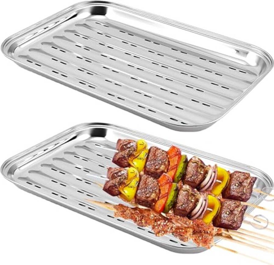 Herbruikbare BBQ Grillschalen van Roestvrij Staal Set van 2 34 5 x 24 2 cm Perfect voor Groenten Vis en Vlees