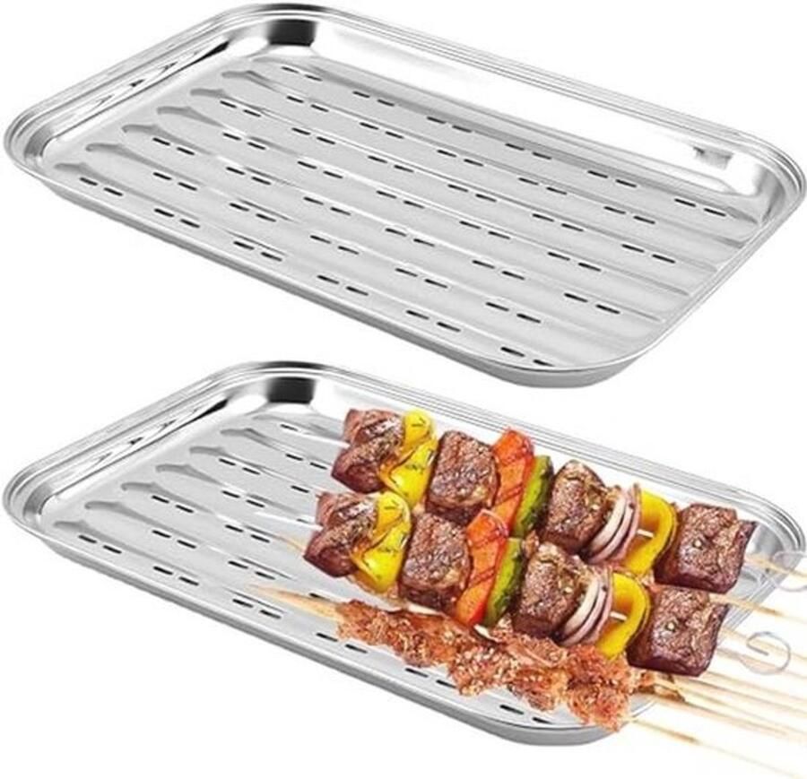 Herbruikbare BBQ Grillschalen van Roestvrij Staal Set van 2 34 5 x 24 2 cm Perfect voor Groenten Vis en Vlees - Foto 1