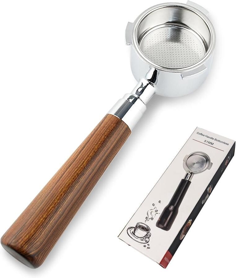 Herbruikbare Bodemloze Filterhouder met RVS Espresso Filter en Houten Handvat Geschikt voor Delonghi EC680 EC685 51 mm Perfect voor Koffieliefhebbers