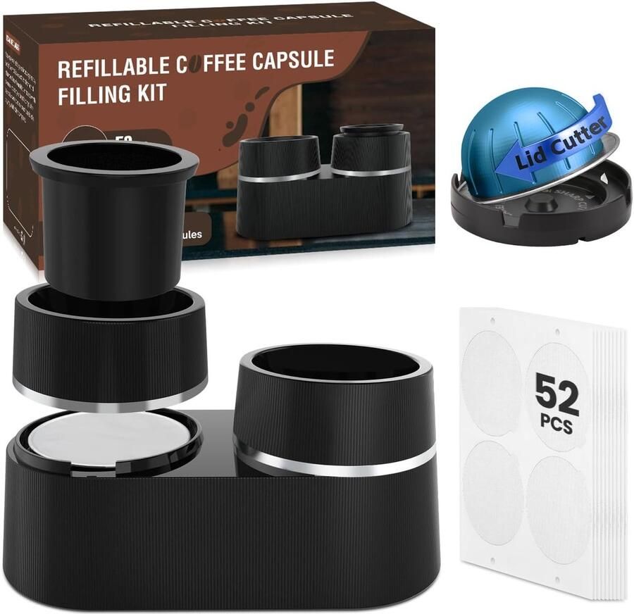Herbruikbare dubbele pods kit compatibel met Nespresso Pods Vertuo navulbare koffiepods espresso accessoires met 52 stuks folie afdichtingen deksels compatibel met Nespresso Espresso Machine