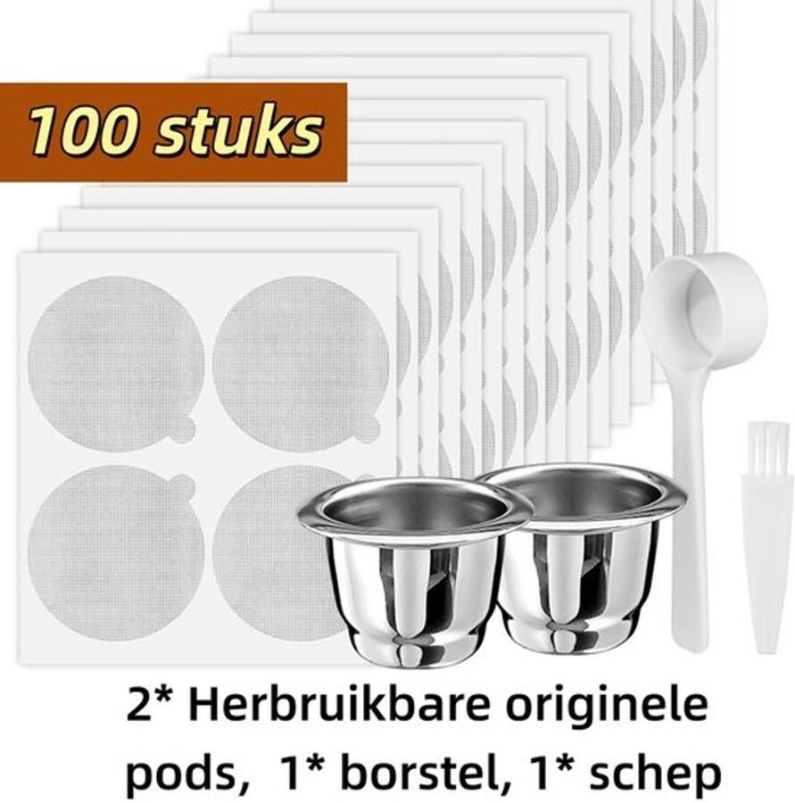 Herbruikbare espressocapsules navulbare koffiepod roestvrijstalen bekers geschikt voor Nespresso OriginalLine Brewer (2 Pods+100 deksels+1* borstel+1* schep)