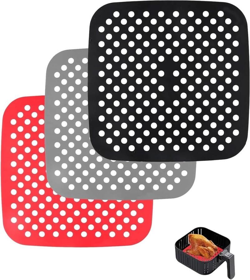 Herbruikbare geperforeerde luchtfriteuse matten 3 stuks 21 5 x 21 5 cm ideaal voor bakken grillen en frituren zonder vet