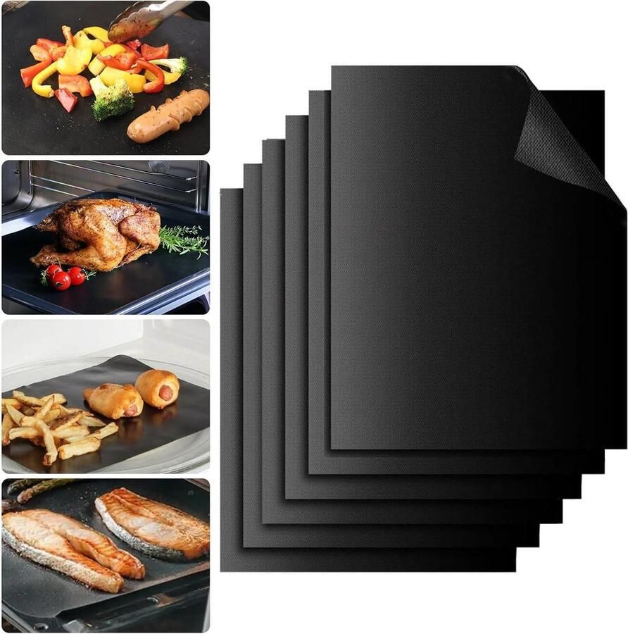 Herbruikbare Grillmatten Barbecue Matten Grillen zonder aanbakken 100% Anti-aanbaklaag 6 Stuks Zwart