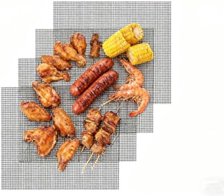 Herbruikbare Grillmatten Set voor BBQ en Oven – 4-delig Antiaanbak Grill- en Bakmat voor Vlees Vis en Groenten (36 x 42 cm)