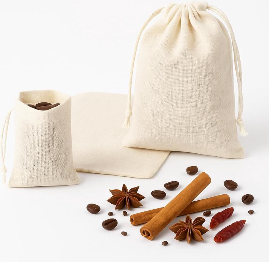 Herbruikbare katoenen zakjes klein kruidenzakjes om mee te koken 3 verschillende maten theezakjes voor losse thee fruitthee koffie specerijen - Foto 1