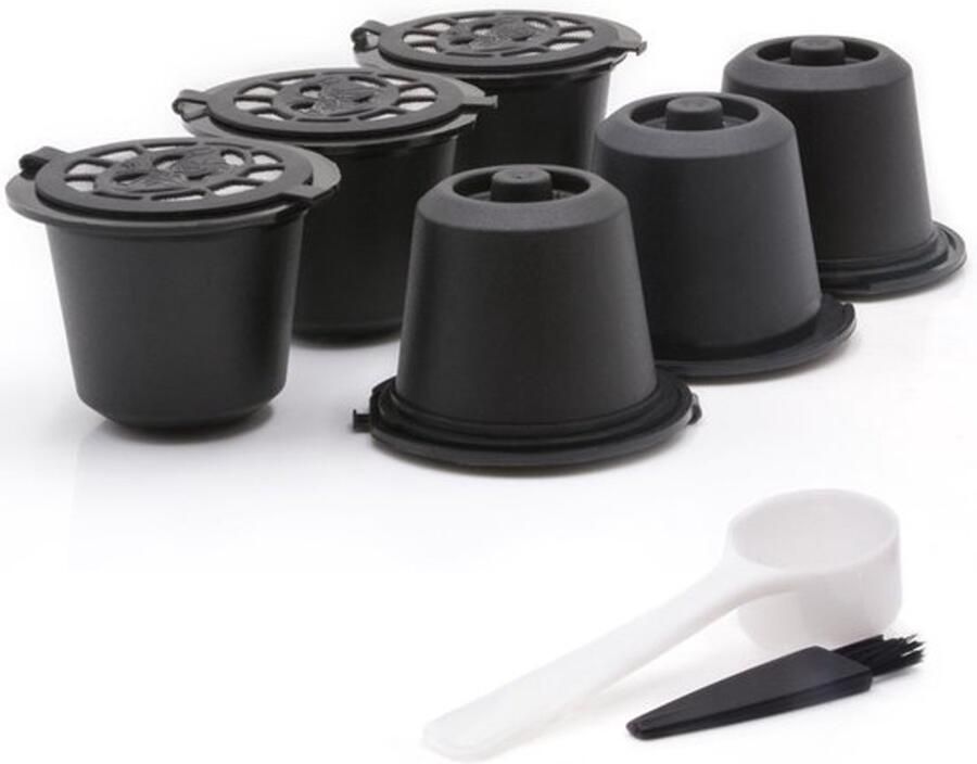 Herbruikbare Koffie Cup geschikt voor Nespresso Navulbare Koffiecapsules Hervulbare Koffiecups met borstel 6 Stuks Zwart