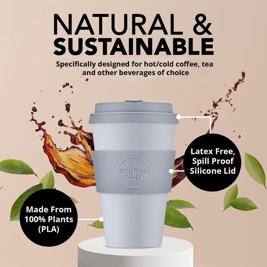 Herbruikbare Koffiebeker Reisbeker Milieuvriendelijk Onderweg Koffie Drinken 100% Plantaardig Materiaal 400ml Glitter Tind