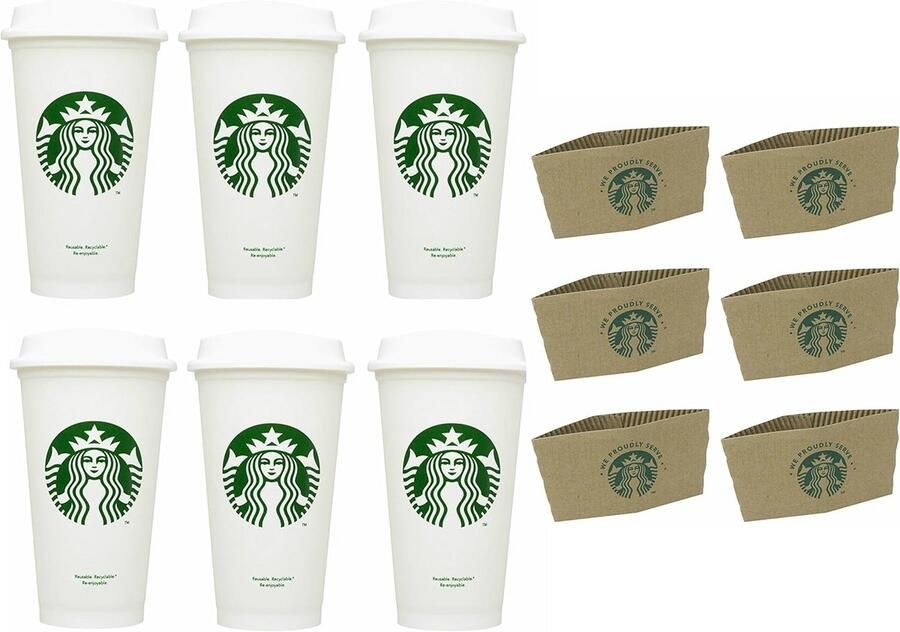 Herbruikbare Koffiebekers Bekers met deksel Onderweg drinken Lekvrij ontwerp 6 stuks 16oz Wit