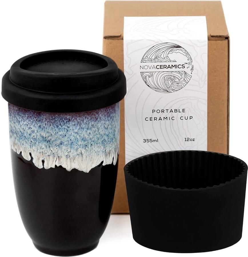 Herbruikbare koffiebekers Keramische mok Drinken onderweg Uniek glazuur design 355 ml Zwart
