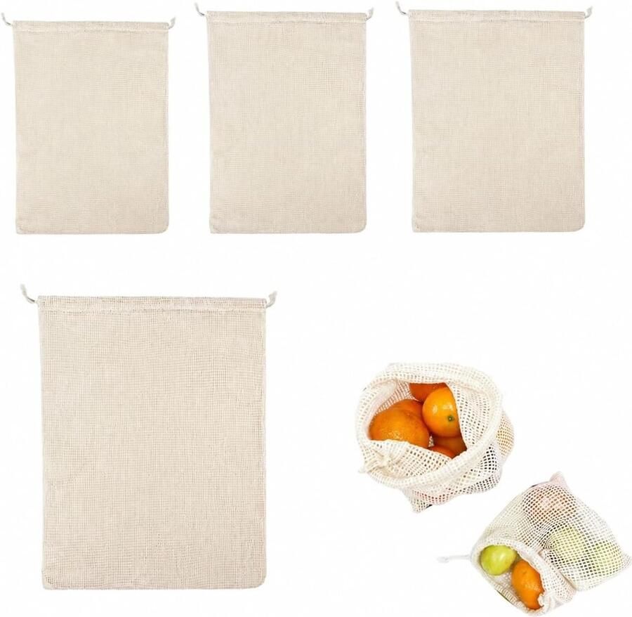 Herbruikbare Kookzakken 4 Stuks Mesh Kookzakken voor Groenten Bonen en Specerijen Maten 20x25cm 20x30cm 25x30cm 30x40cm voor Duurzaam Koken