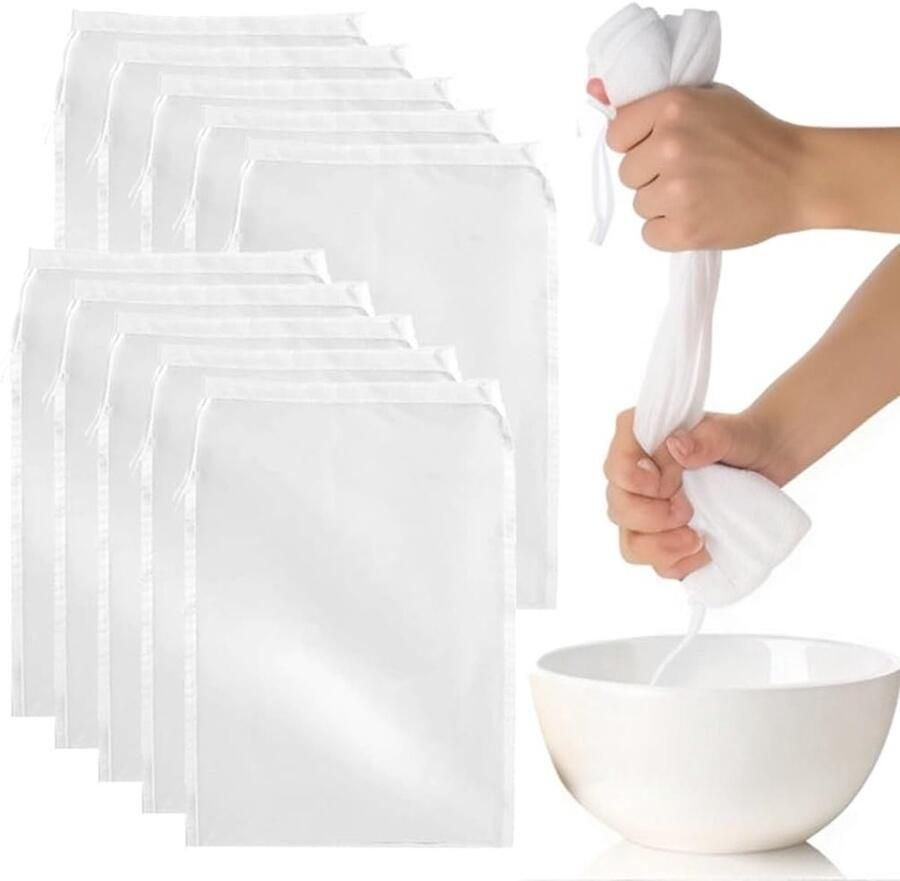 Herbruikbare Notenmelkzakken Fijne Gaasdoeken voor het Zeven van Amandelmelk Yoghurt en Sap 10 Stuks van 20x30 cm Ideaal voor Koffie en Koken