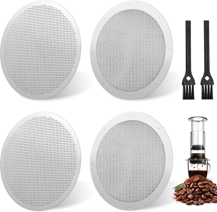 Herbruikbare roestvrijstalen koffiefilters voor Aeropress koffiezetapparaat met 2 filterplaten 2 randfilters en 2 borstels 61 mm grootte