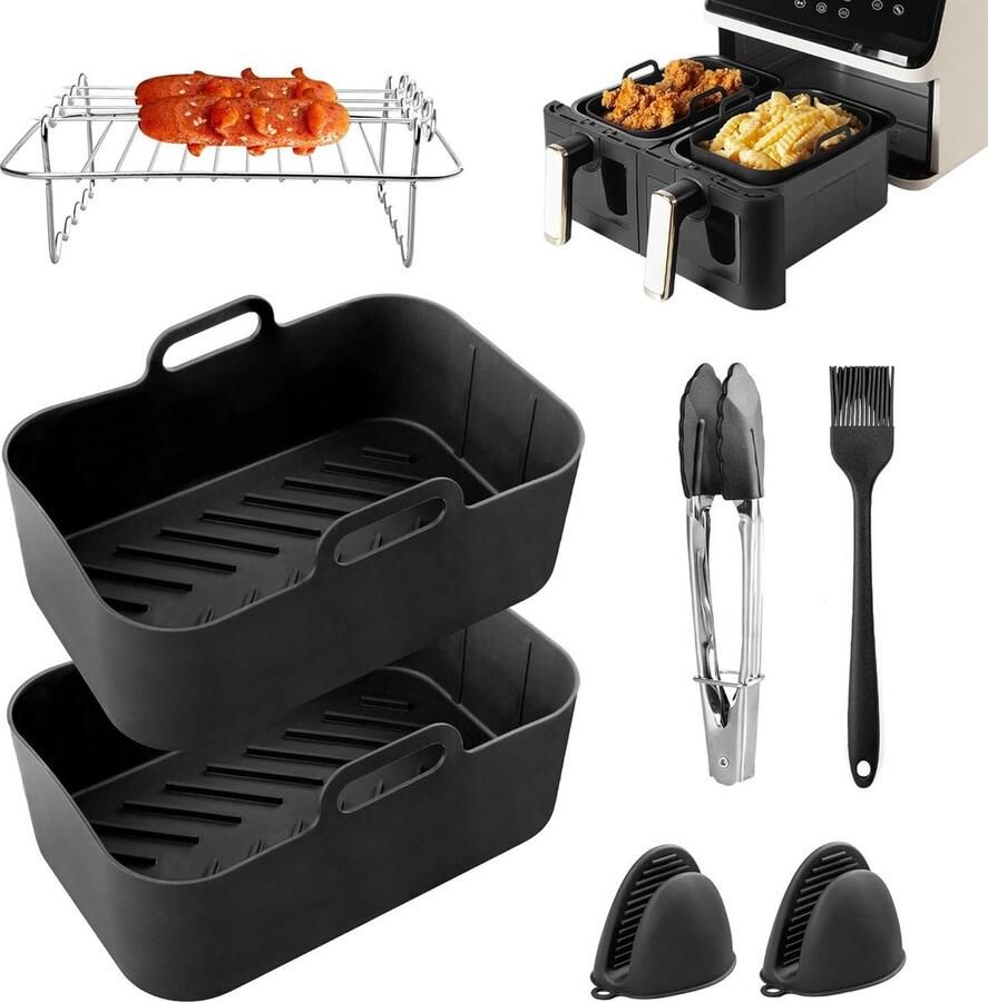 Herbruikbare Siliconen Luchtfriteuse Voeringen voor Ninja AF451UK AF400UK AF500UK Set van 6 Dual Accessoires Rekken Tong & Siliconen Handschoenen Compatibel met Ninja Salter Tower airfryer accessoires