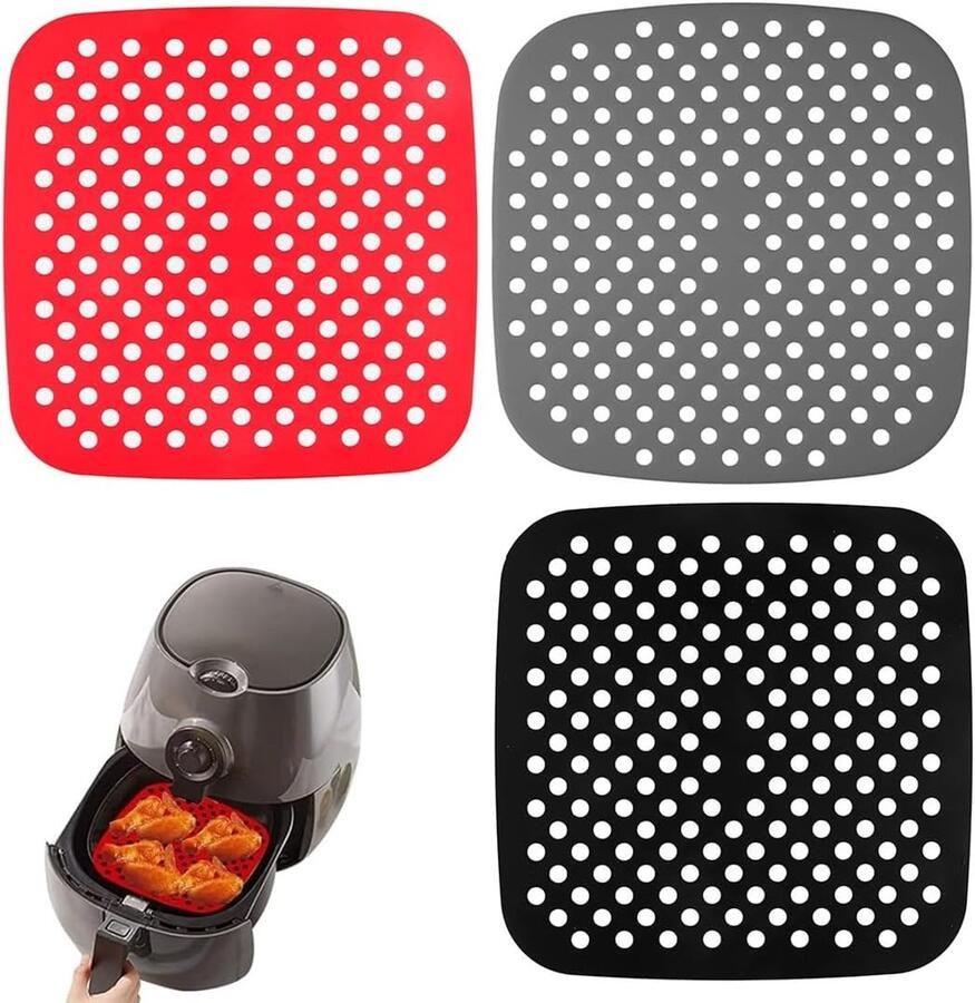 Herbruikbare Siliconen Matten voor Airfryer 3-Pack Vierkant Antiaanbaklaag 21.5 cm Ideaal voor Gezond Koken