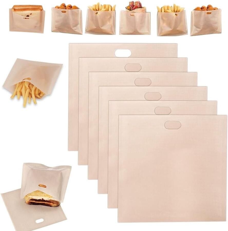 Herbruikbare Toaster Bags 6 Stuks Teflon Antiaanbak Toastzakken voor Buns Pizza en Panini 16 x 16.5 cm