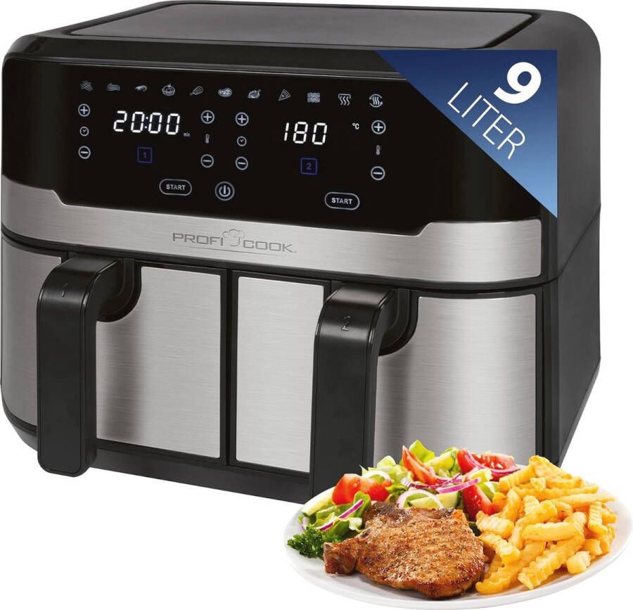 Hete Lucht Friteuse 9 Liter met Dubbele Kamer XXL Frituurpan met Touchscreen en 9 Programma's