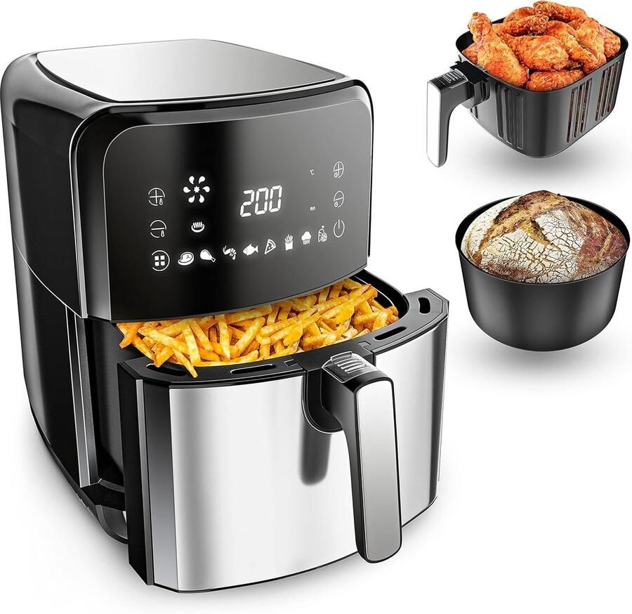 Hete Lucht Friteuse Airfryer Keukenapparaat Gezond Frituren 12 Programma's Touchscreen 5.5 Liter Capaciteit Zwart