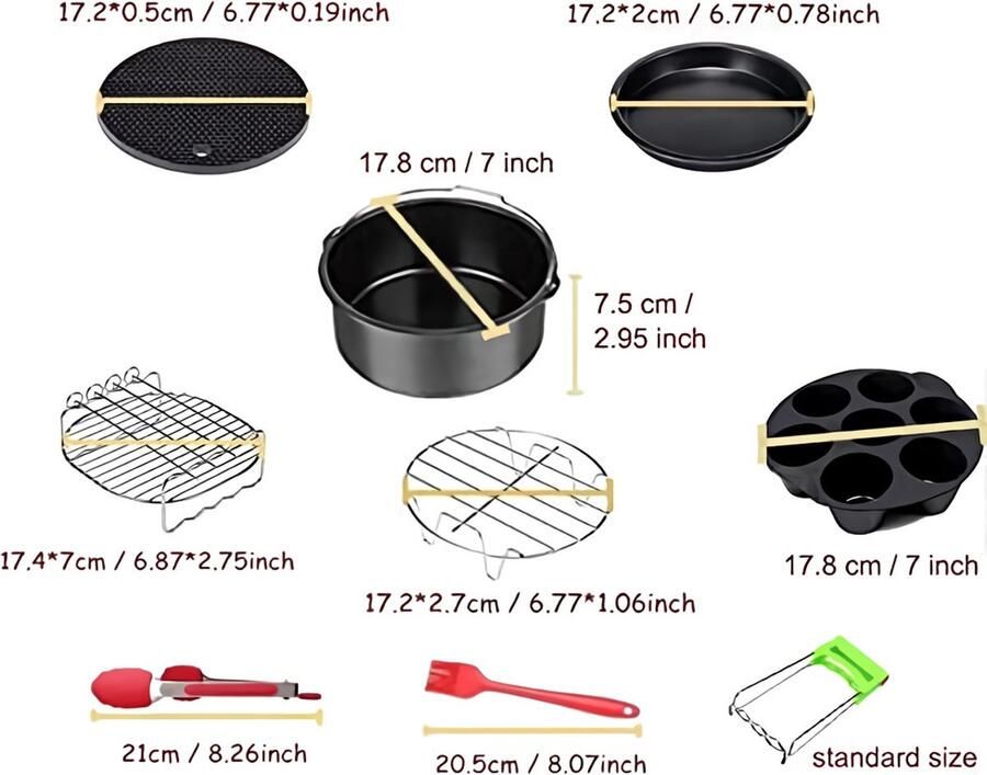 Hetelucht friteuse-accessoires 7 stuks universele airfryer heteluchtfriteuse accessoireset bakplaat pizza pan metalen houder grill-standaard siliconen borstel siliconen tang voor 3 l en boven