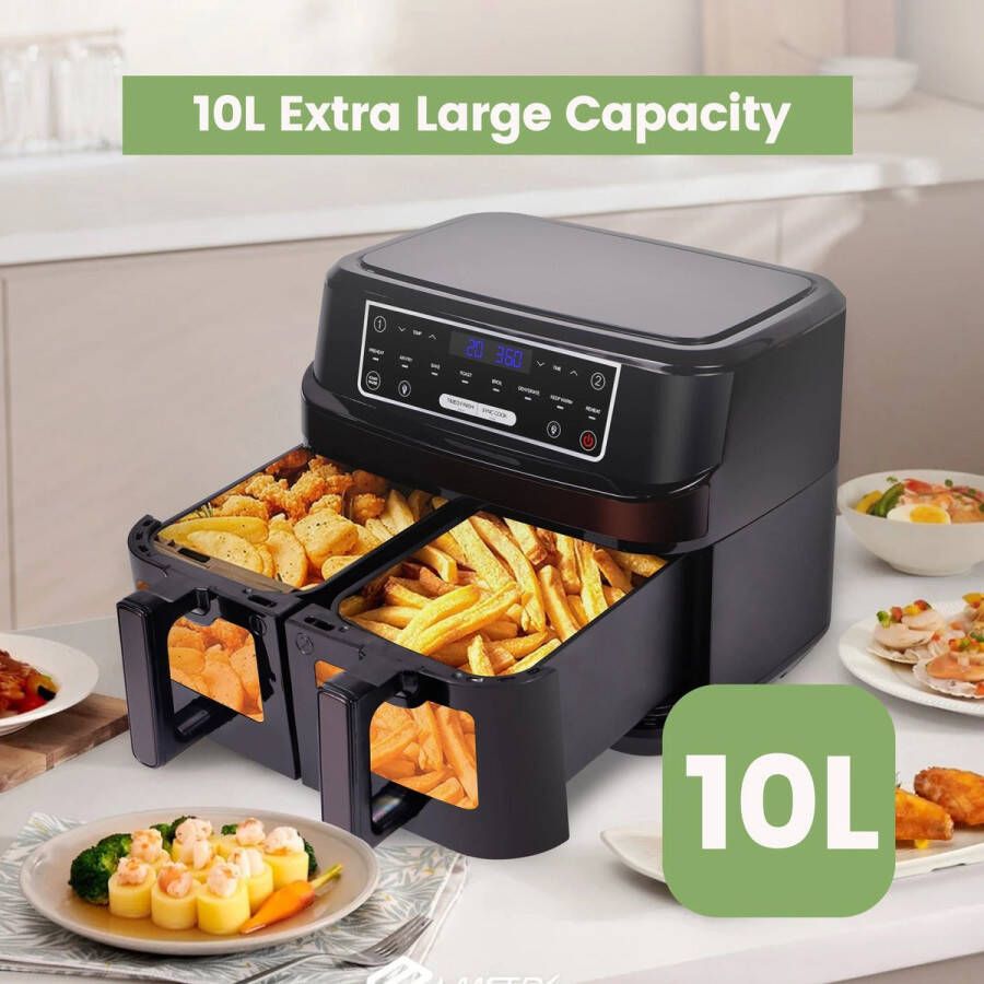 Heteluchtfriteuse 10L – Airfryer Dubbele Lades – 2000W 240V Touchscreen – 8 Automatische Programma's – Kijkvenster Zwart